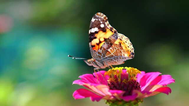Painted lady butterfly resting on a bright pink zinnia flower in a sunny summer garden