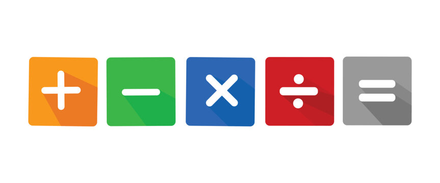 vector design of addition  multiplication  division  subtraction  equal to  and check marks with square borders of different colors. basic math symbols for young children