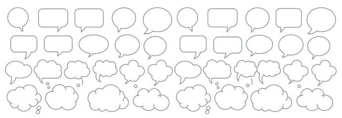 Collection of various speech bubbles and thought clouds in a clean vector line style © Rayhan