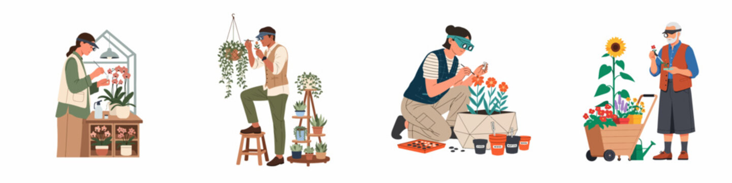 Set of diverse botanical experts and enthusiasts carefully tending to plants with scientific precision using magnifying visors and specialized gardening tools.