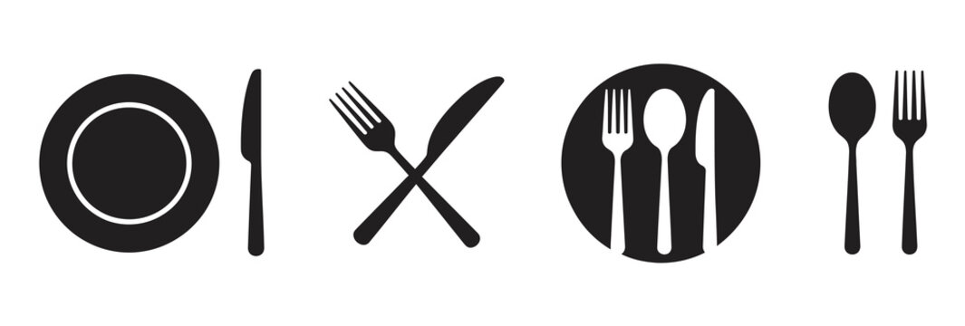 Minimalist cutlery icon set featuring plate fork spoon and knife for dining menus