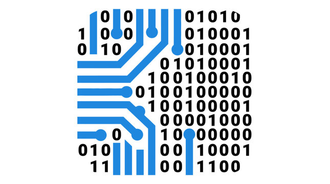 Binary code forming a digital circuit board design pattern.