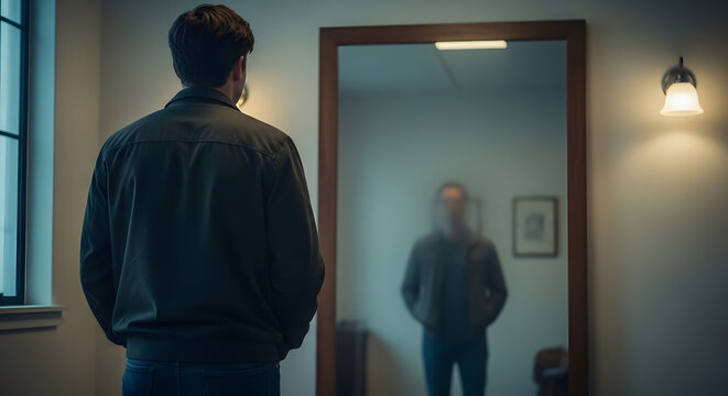 A man stares into a mirror, his reflection appearing blurred and indistinct, suggesting introspection and a struggle with self-identity.