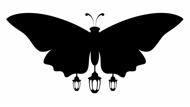 Giant butterfly silhouette carrying lanterns flying high in the air with a white background