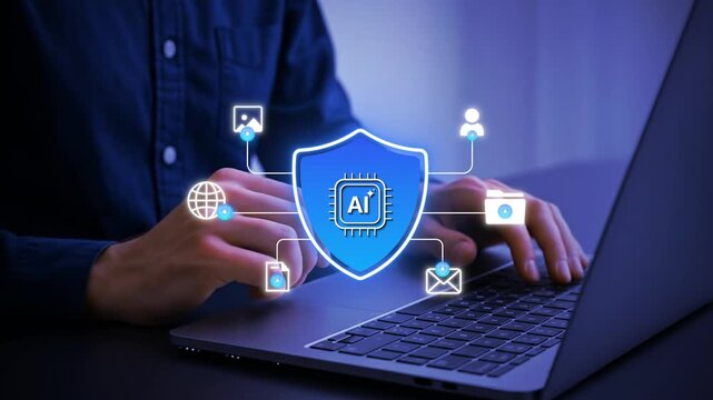 AI Cybersecurity and Data Privacy Protection Concept. laptop with virtual shield icons representing data privacy and digital protection, capturing modern technology use in secure internet environments