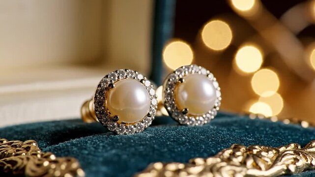 Pair of elegant pearl stud earrings with diamond halo in blue velvet jewelry box with warm golden bokeh lights