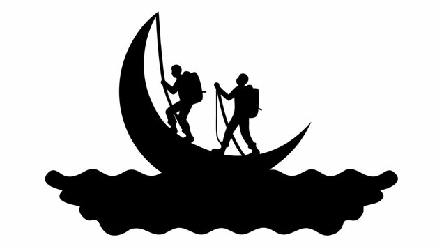 Mountaineers climbing a crescent moon shaped rock formation in water silhouette vector illustration of adventure and exploration
