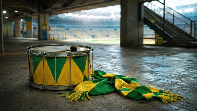 Green and yellow fan drum and scarf in empty stadium for football brazil