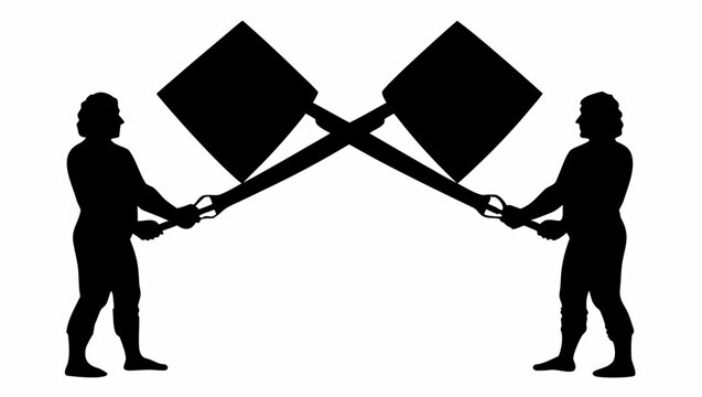 Two gardeners silhouette trimming floating garden blocks with shears in a vector illustration