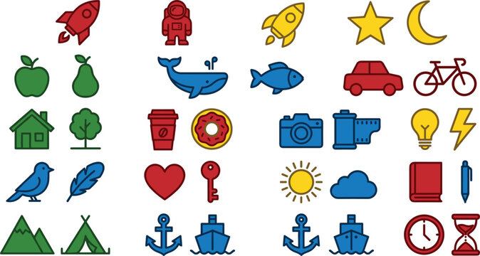 Vibrant flat vector graphic icon set with thin black outlines featuring space rockets astronaut travel vehicles marine wildlife fruits food items and lifestyle objects