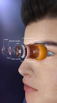 3D animation revealing the clear internal structure of the eye. Detailed cross-section showing vitreous, choroid, macula, and muscles. Ideal for optometry teaching.