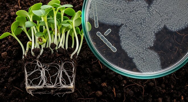 Seedlings emerging from soil, contrasting a petri dish containing microbial colonies