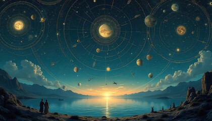 Obraz premium Celestial map shows planets orbiting stars within golden cosmic circles against starry night sky. Mountains, ocean, and people observe celestial event at sunset.
