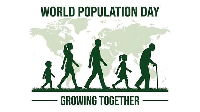 World population day concept illustration with silhouettes of people of different ages walking together isolated on white background