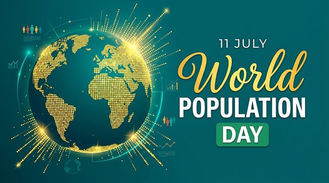 World population day 11 july conceptual background with golden glowing earth globe, data charts, and human icons on a dark teal background