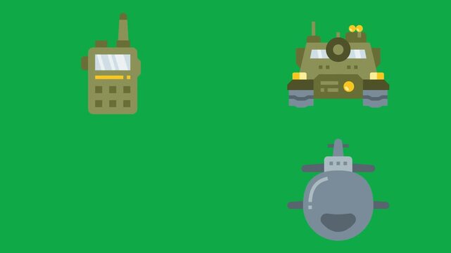 Radio Armor Crate Sub animation on green screen chroma key background flat lighting no shadow flush edge isolated 3d clay model perfect compositing vfx asset high quality render animation video tool
