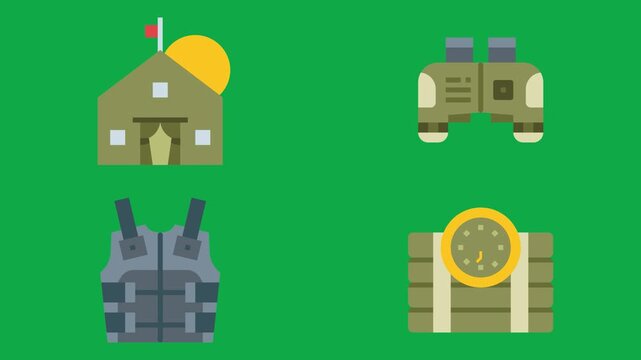 Tent Optic Vest Mine animation on green screen chroma key background flat lighting no shadow flush edge isolated 3d clay model perfect compositing vfx asset high quality render animation video app