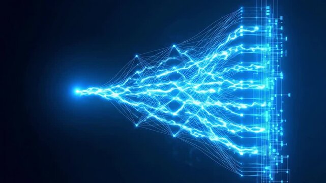 Abstract digital neural network representation with glowing blue nodes and connections on a dark background