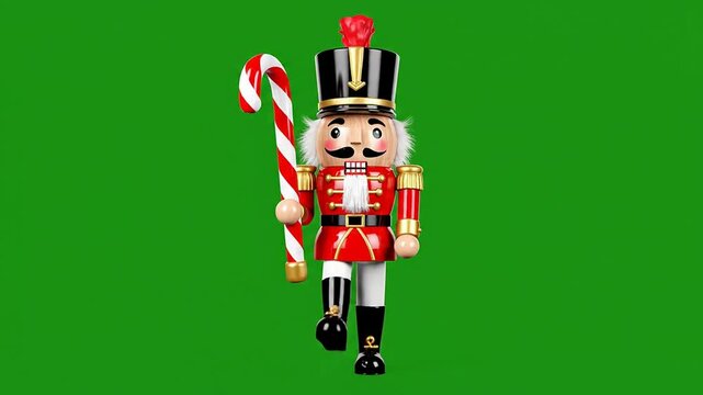Animated Nutcracker Figurine Walking With Candy Cane On Vibrant Green Screen Background For Compositing