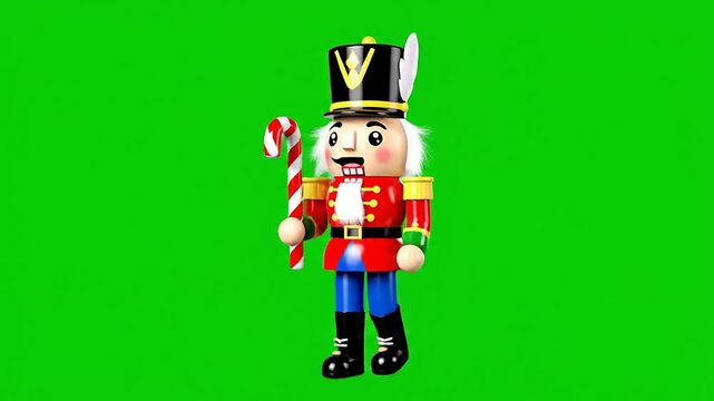 Animated Nutcracker Soldier Character Holding Candy Cane On Green Screen Background For Holiday Projects