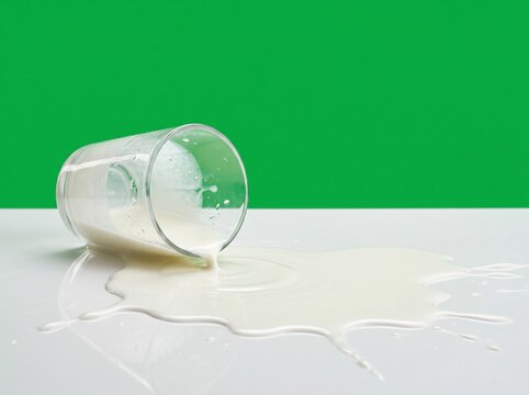 Overturned Glass of Milk Spilled on Floor Creating Puddle Isolated on White Background