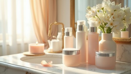 Fototapeta premium Luxury skincare products on elegant vanity with flowers candle and mirror. Soft lighting creates tranquil mood for beauty routine items. Skin care bottles arranged neatly.