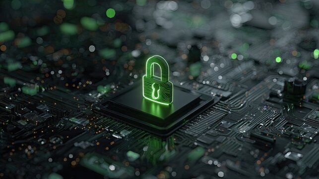 Glowing padlock symbol illuminates a futuristic computer chip with intricate circuitry