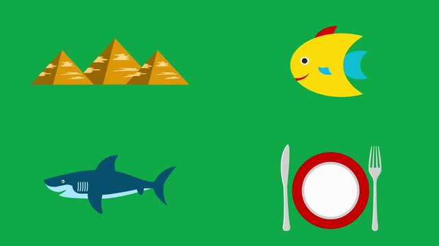 Pyramid Fish Shark Plate animation on green screen chroma key background flat lighting no shadow flush edge isolated 3d clay model perfect compositing vfx asset high quality render animation video
