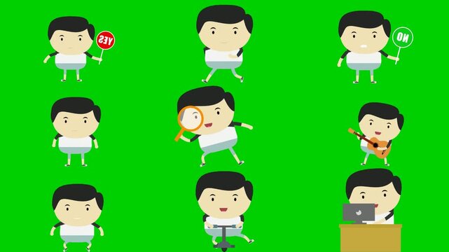 Office gear green screen chroma key background animation featuring magnifier, music, briefcase, laptop, megaphone, flag, cup, jump, and run. High quality isolated footage. Buy