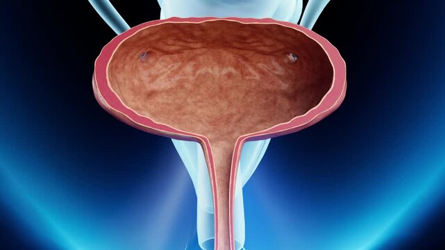 Cystitis: bacterial infection of the bladder lining causing inflammation. Urinary tract infection (UTI) leads to pain, frequent urination, and systemic illness. 3D medical rendering.