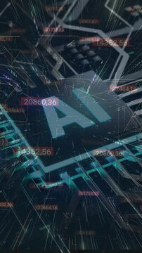 3D AI logo on a dark high-tech background surrounded by glowing red and blue numerical data, representing AI in financial markets and data analysis.