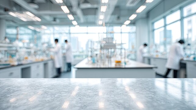 Blurred laboratory scene with scientists in white coats working at workstations