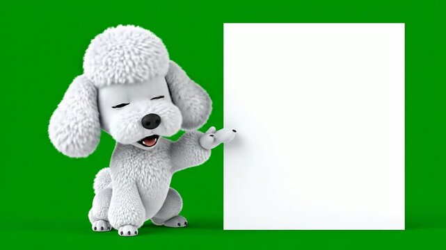 Charming Cartoon Poodle Character With Blank White Sign On Vibrant Green Background Ideal For Advertising And Promotional Use
