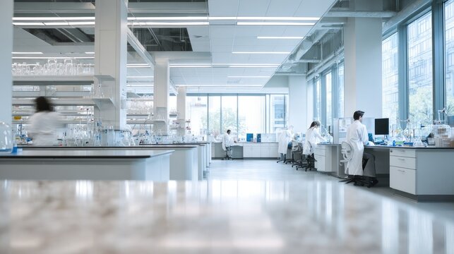 Bright, modern laboratory with scientists working at benches, glass equipment, and large windows