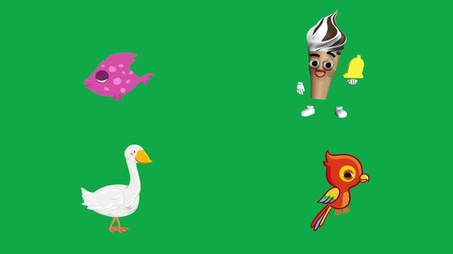Fish Icecream Goose Cardinal animation on green screen chroma key background flat lighting no shadow flush edge isolated minimal animated character perfect compositing vfx asset high quality render