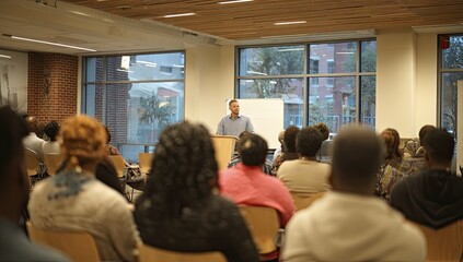 Man speaks to seated audience in brightly lit room with wood ceiling