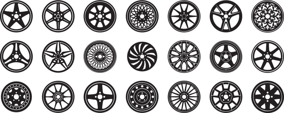 Car Alloy Wheel Rims Silhouette Vector Icon Set, Modern and Classic Automotive Custom Sport Tuning Wheels Collection