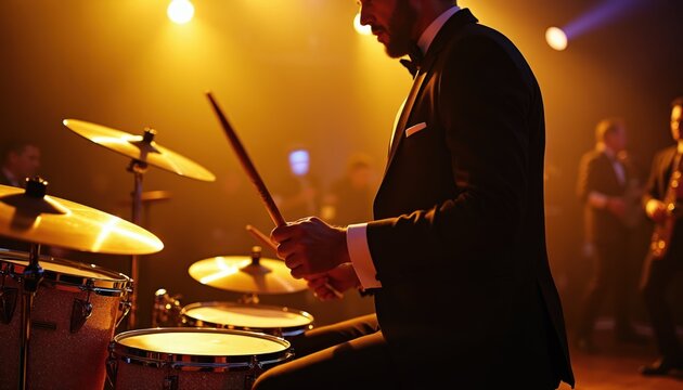 Man in tuxedo plays drums on stage with band. Musician performs jazz music, holding sticks, hitting cymbals and snare. Live concert with spotlight. Beat maker