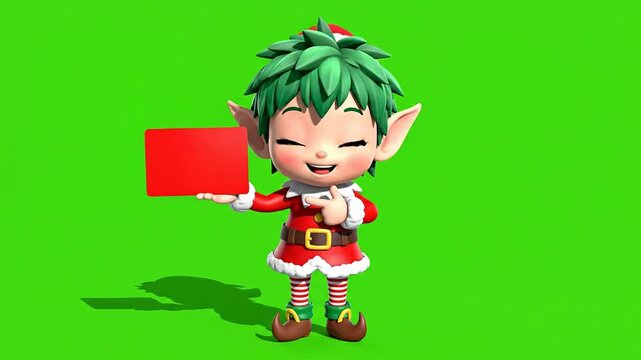 Cheerful Animated Elf Character Holding Red Sign on Green Screen Background for Festive Holiday Promotions