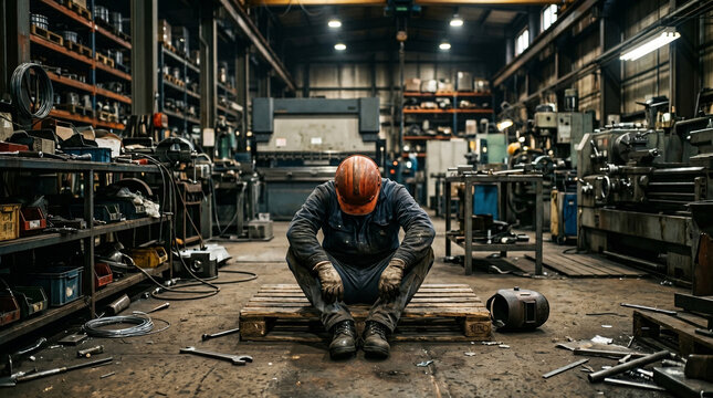 A lone factory worker sits dejectedly in a cluttered workshop, surrounded by machinery and tools. The orange hard hat sits askew on his head as he contemplates his work.