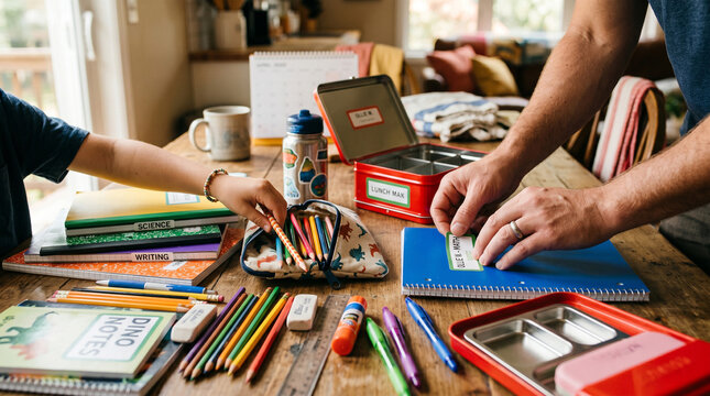 A child and an adult preparing school supplies on a wooden table, with colorful pencils, notebooks, and lunchboxes scattered around, evoking a sense of back-to-school preparation and family bonding