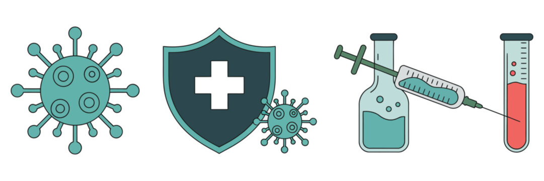 Vaccination icon set showcasing virus protection and immunization symbols with hand drawn style for healthcare, prevention, and medical awareness design. Vector illustration.