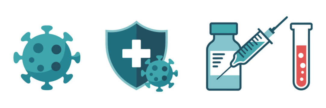 Vaccination icon set featuring virus protection symbols and medical immunization concepts in hand drawn isolated vector illustration style.