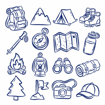 Camping and Hiking Outdoor Adventure Doodle Icon Set with Tent, Backpack, and Nature Elements