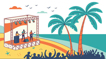 Obraz premium Colorful Beach Wedding Ceremony Under Palm Trees with Tropical Decor and Guests