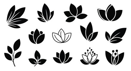 Obraz premium Black lotus flowers and leaves set