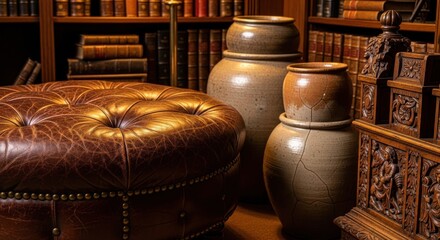 Naklejka premium An Aged Leather Tufted Ottoman Displaying Rich Patina Beside Antique Ceramic Vases in a Library Setting