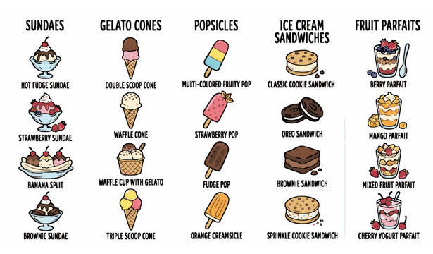 Frozen dessert doodle icon set with categorized ice cream sundaes gelato cones popsicles and fruit parfaits vector illustration for menu design on white background