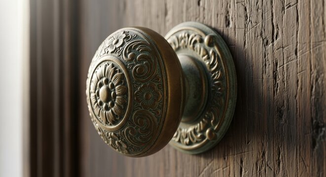An antique tarnished brass doorknob with intricate floral engravings mounted on a weathered wooden door