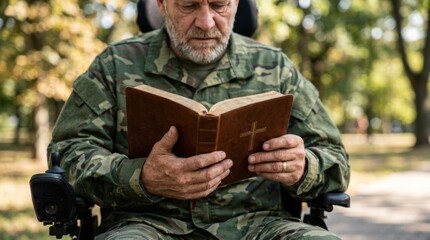 Fototapeta premium A veteran in military uniform reads Scripture with a cross on it while sitting in a wheelchair. Military service and injuries, disability due to injury.